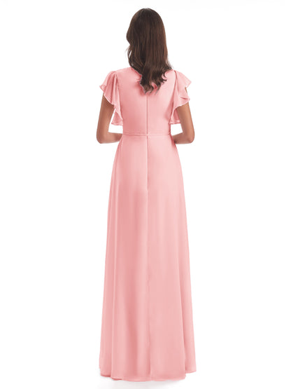 Stella Sheath Floor Length V-Neck Chiffon Bridesmaid Dresses
