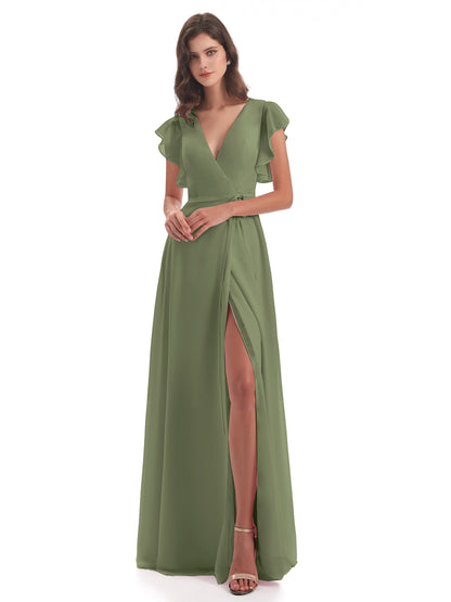Stella Sheath Floor Length V-Neck Chiffon Bridesmaid Dresses