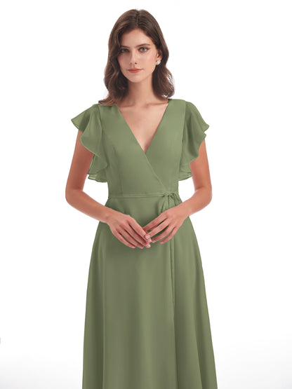 Stella Sheath Floor Length V-Neck Chiffon Bridesmaid Dresses