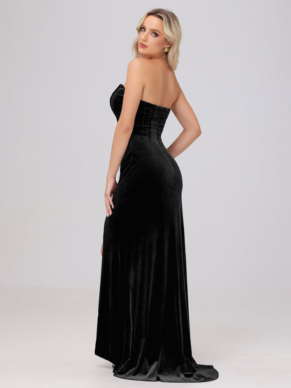 Strapless Sheath Ruched Velvet Bridesmaid Dresses with Slit