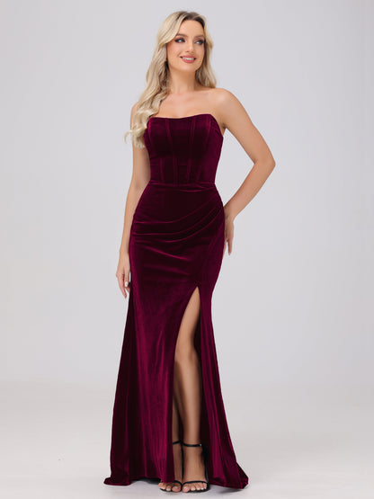 Strapless Sheath Ruched Velvet Bridesmaid Dresses with Slit