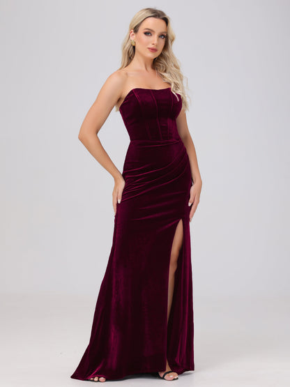 Strapless Sheath Ruched Velvet Bridesmaid Dresses with Slit