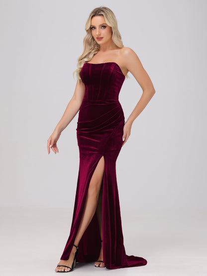 Strapless Sheath Ruched Velvet Bridesmaid Dresses with Slit