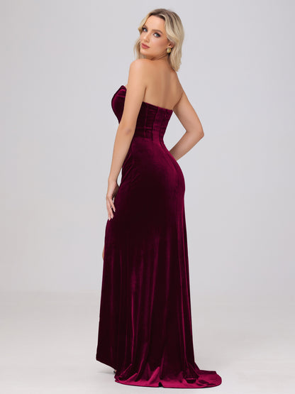Strapless Sheath Ruched Velvet Bridesmaid Dresses with Slit