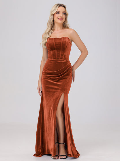 Strapless Sheath Ruched Velvet Bridesmaid Dresses with Slit