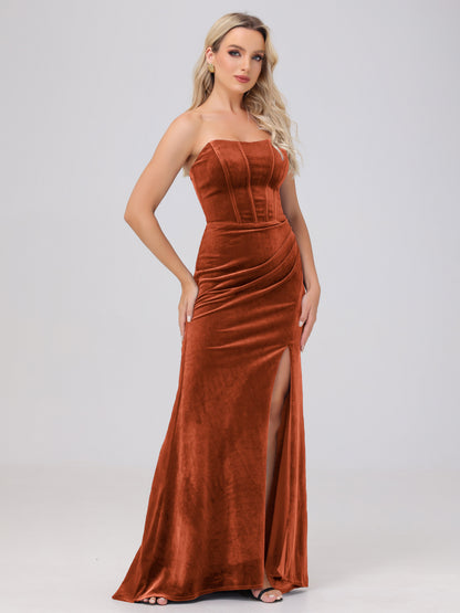 Strapless Sheath Ruched Velvet Bridesmaid Dresses with Slit