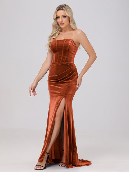 Strapless Sheath Ruched Velvet Bridesmaid Dresses with Slit