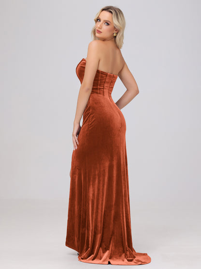 Strapless Sheath Ruched Velvet Bridesmaid Dresses with Slit