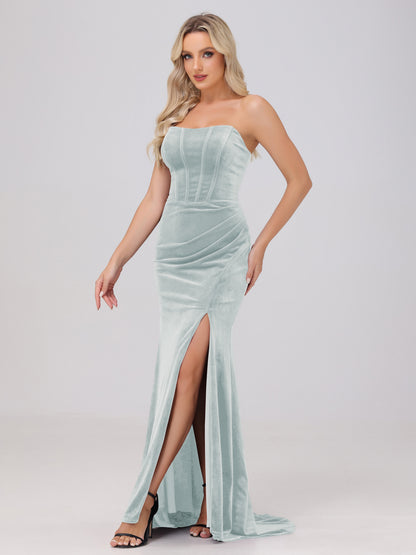 Strapless Sheath Ruched Velvet Bridesmaid Dresses with Slit