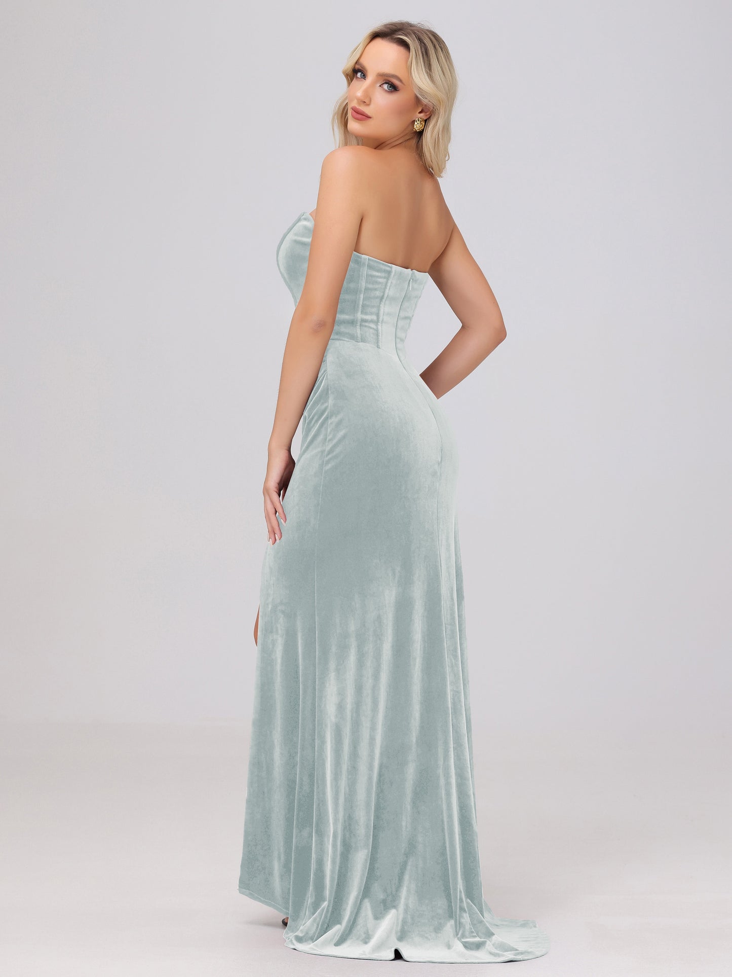 Strapless Sheath Ruched Velvet Bridesmaid Dresses with Slit