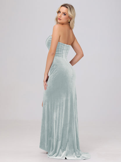 Strapless Sheath Ruched Velvet Bridesmaid Dresses with Slit