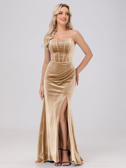 Strapless Sheath Ruched Velvet Bridesmaid Dresses with Slit