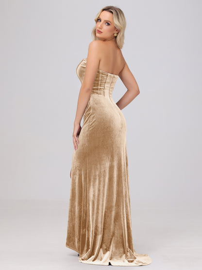 Strapless Sheath Ruched Velvet Bridesmaid Dresses with Slit