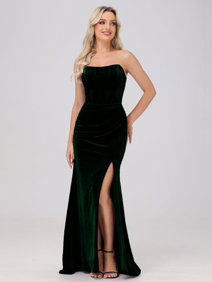 Strapless Sheath Ruched Velvet Bridesmaid Dresses with Slit
