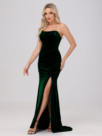 Strapless Sheath Ruched Velvet Bridesmaid Dresses with Slit