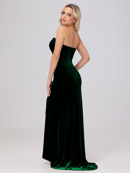 Strapless Sheath Ruched Velvet Bridesmaid Dresses with Slit