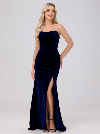 Strapless Sheath Ruched Velvet Bridesmaid Dresses with Slit