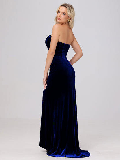 Strapless Sheath Ruched Velvet Bridesmaid Dresses with Slit