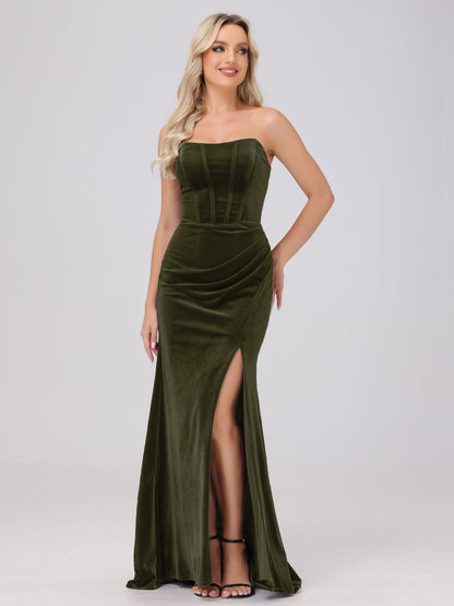Strapless Sheath Ruched Velvet Bridesmaid Dresses with Slit