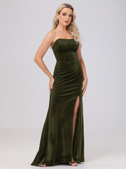 Strapless Sheath Ruched Velvet Bridesmaid Dresses with Slit