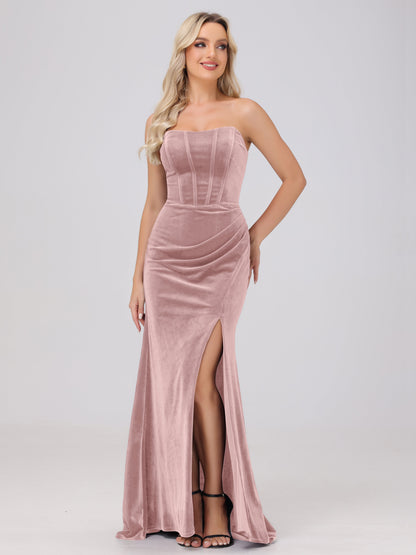 Strapless Sheath Ruched Velvet Bridesmaid Dresses with Slit