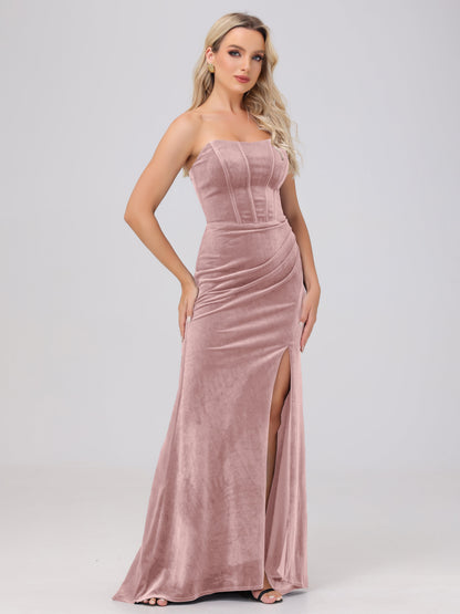 Strapless Sheath Ruched Velvet Bridesmaid Dresses with Slit