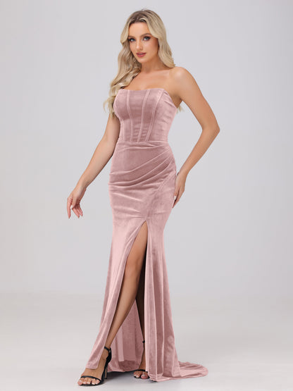 Strapless Sheath Ruched Velvet Bridesmaid Dresses with Slit