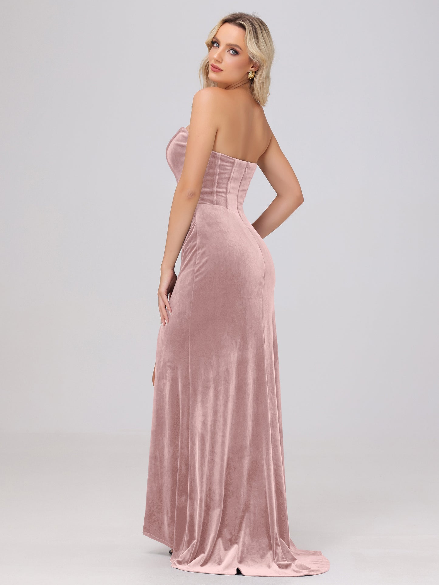 Strapless Sheath Ruched Velvet Bridesmaid Dresses with Slit