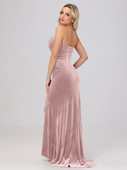 Strapless Sheath Ruched Velvet Bridesmaid Dresses with Slit