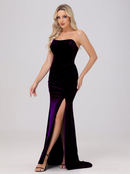 Strapless Sheath Ruched Velvet Bridesmaid Dresses with Slit