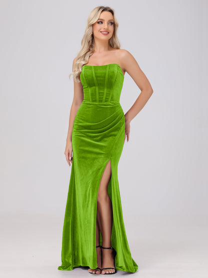 Strapless Sheath Ruched Velvet Bridesmaid Dresses with Slit