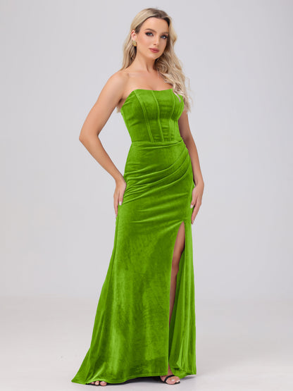 Strapless Sheath Ruched Velvet Bridesmaid Dresses with Slit