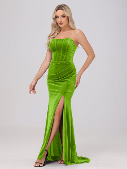 Strapless Sheath Ruched Velvet Bridesmaid Dresses with Slit