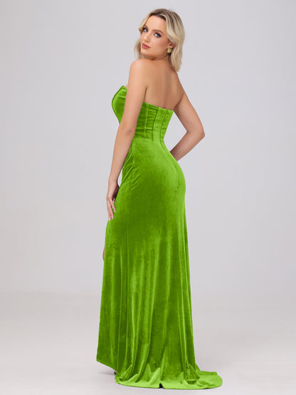 Strapless Sheath Ruched Velvet Bridesmaid Dresses with Slit