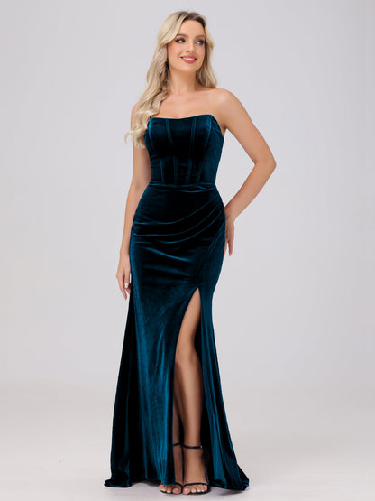 Strapless Sheath Ruched Velvet Bridesmaid Dresses with Slit