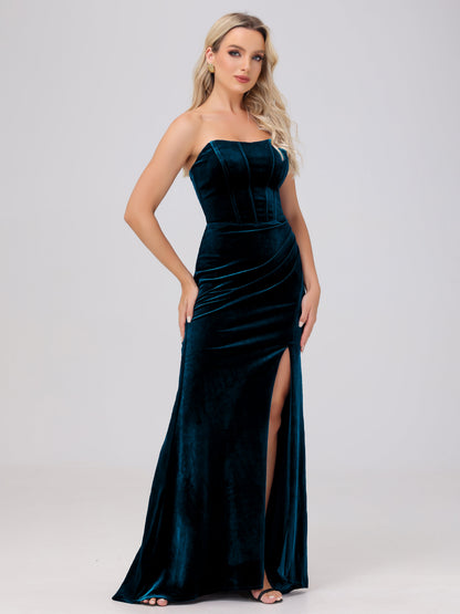 Strapless Sheath Ruched Velvet Bridesmaid Dresses with Slit