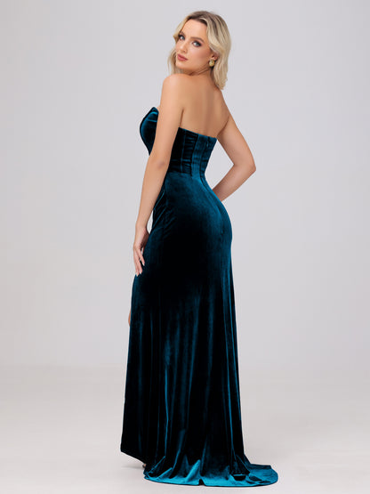 Strapless Sheath Ruched Velvet Bridesmaid Dresses with Slit
