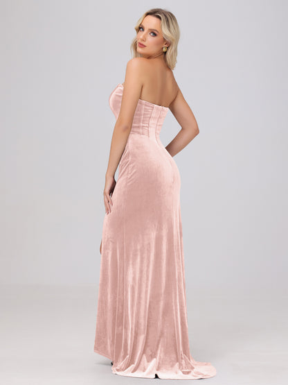 Strapless Sheath Ruched Velvet Bridesmaid Dresses with Slit