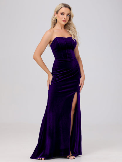 Strapless Sheath Ruched Velvet Bridesmaid Dresses with Slit