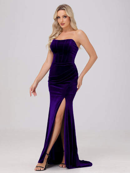 Strapless Sheath Ruched Velvet Bridesmaid Dresses with Slit