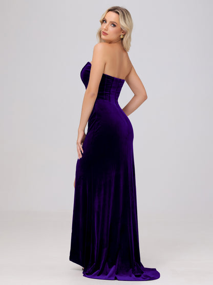 Strapless Sheath Ruched Velvet Bridesmaid Dresses with Slit