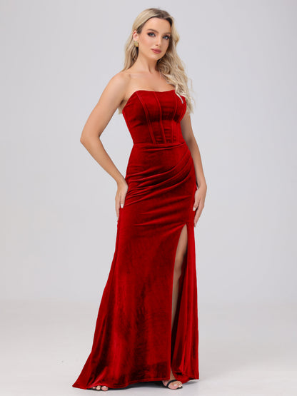 Strapless Sheath Ruched Velvet Bridesmaid Dresses with Slit