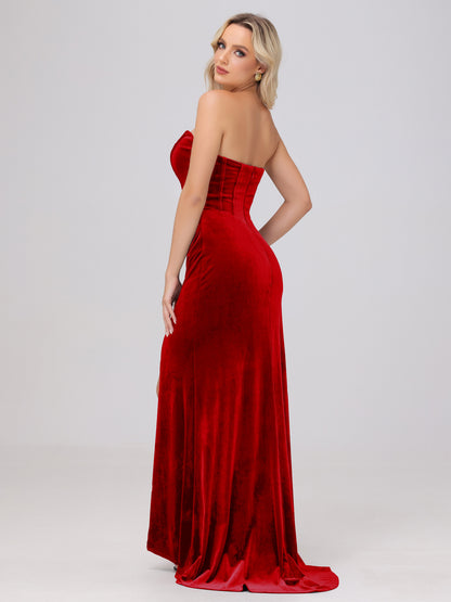 Strapless Sheath Ruched Velvet Bridesmaid Dresses with Slit