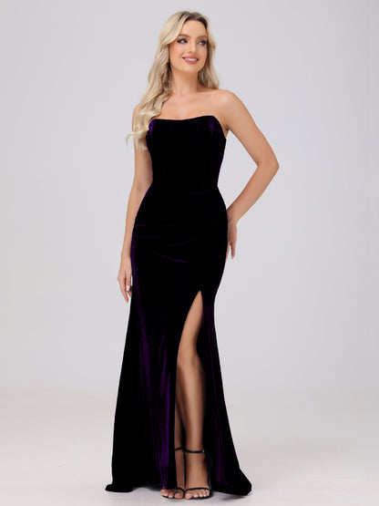 Strapless Sheath Ruched Velvet Bridesmaid Dresses with Slit