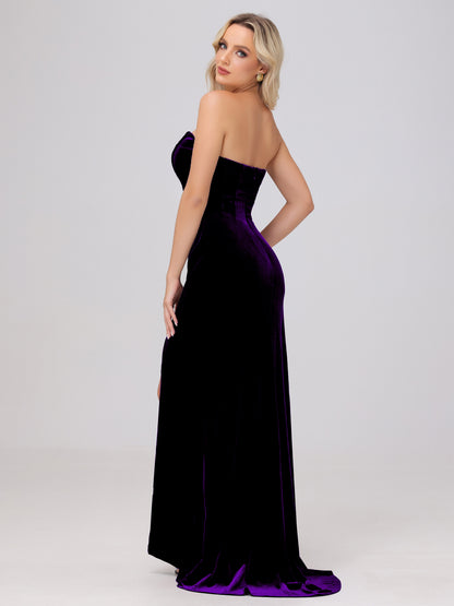 Strapless Sheath Ruched Velvet Bridesmaid Dresses with Slit