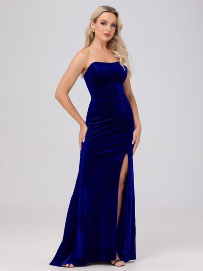 Strapless Sheath Ruched Velvet Bridesmaid Dresses with Slit