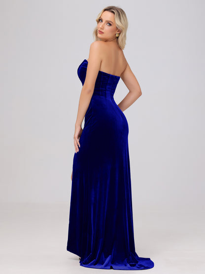 Strapless Sheath Ruched Velvet Bridesmaid Dresses with Slit