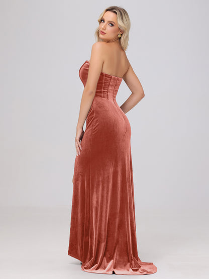 Strapless Sheath Ruched Velvet Bridesmaid Dresses with Slit