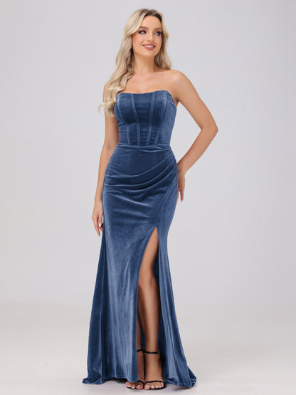 Strapless Sheath Ruched Velvet Bridesmaid Dresses with Slit