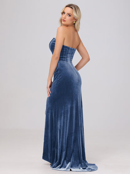 Strapless Sheath Ruched Velvet Bridesmaid Dresses with Slit